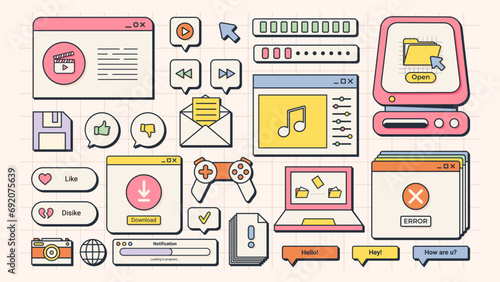 27 Flat Cartoon User Interface Elements. Old Computer Screen. Retro Vaporwave Vector Windows. Y2K style. You can change colors and texts as you wish.