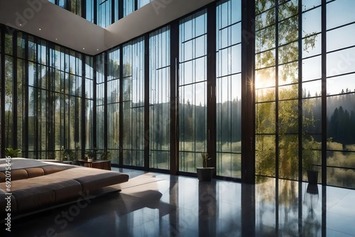 A photograph capturing the elegance of glass wall panels, allowing natural light to flood the interior while providing a seamless connection to the outdoors.