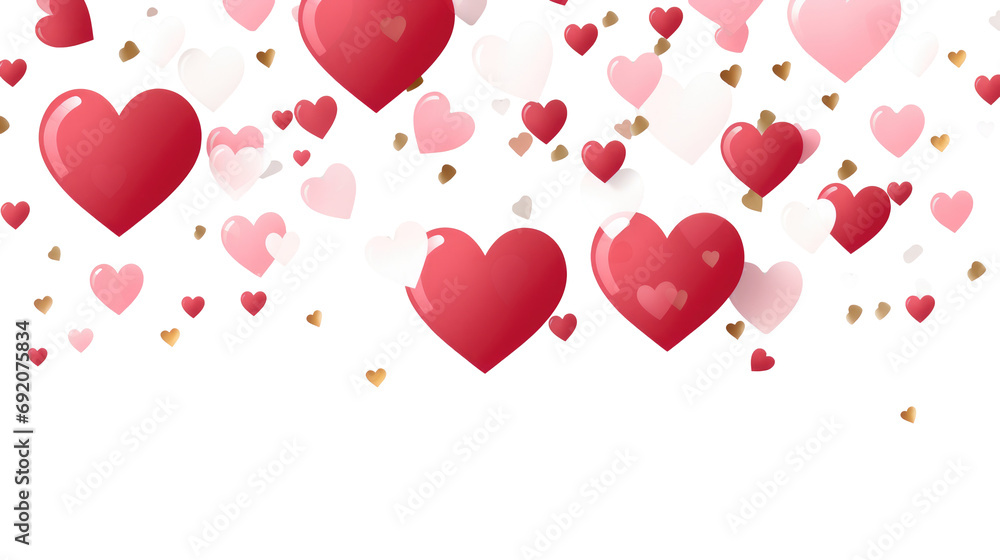Red, pink and white hearts with golden confetti isolated on transparent background