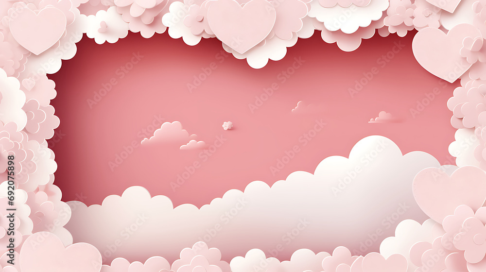 Happy Valentine's day poster or voucher. Beautiful paper cut white clouds with white heart frame on pink background. Vector illustration. Papercut style. Place for text. Generative AI