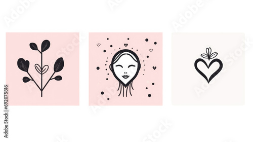 Set of female icons for beauty salon, self love concept. Continius line art hand and heart, aesthetic symbol, logo, tattoo photo