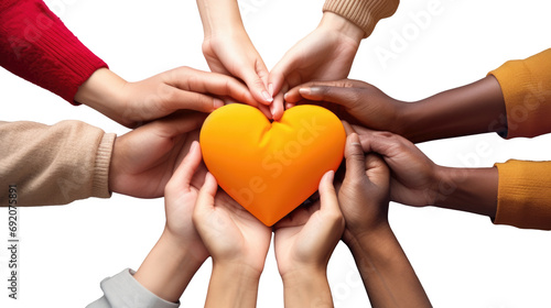 Hands holding heart. United diversity or multi-cultural partnership in a group on white background