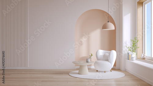 Peach fuzz  ,minimal interior  livingroom. white armchair witIh cirIcle wall. Mockup background. 3d render photo