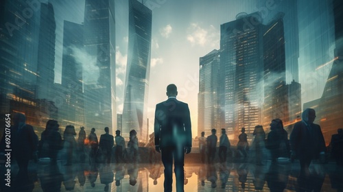 Transparent silhouettes of businesspeople set against the backdrop of Moscow's cityscape, in a striking double exposure. photo