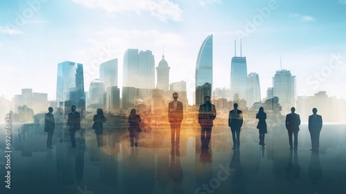Transparent silhouettes of businesspeople set against the backdrop of Moscow s cityscape  in a striking double exposure.