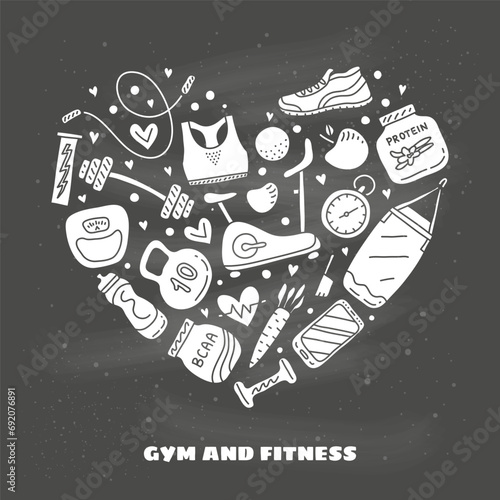 Doodle gym and fitness icons in heart shape.