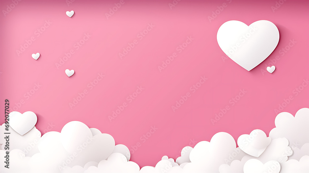 Happy Valentine's day poster or voucher. Beautiful paper cut white clouds with white heart frame on pink background. Vector illustration. Papercut style. Place for text. Generative AI