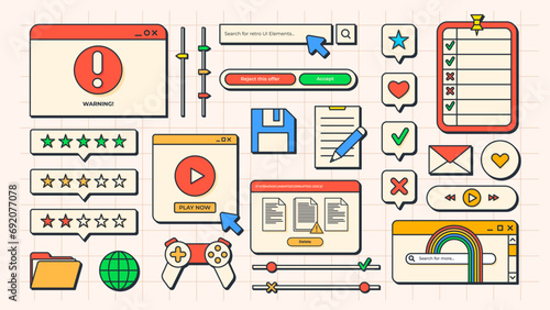 26 Flat Cartoon User Interface Elements. Old Computer Screen. Retro Vaporwave Vector Windows. Y2K style. You can change colors and texts as you wish.