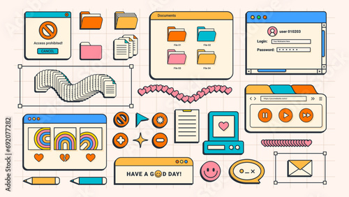 26 Flat Cartoon User Interface Elements. Old Computer Screen. Retro Vaporwave Vector Windows. Y2K style. You can change colors and texts as you wish.