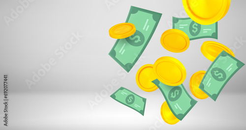 Obraz na plátně Golden coins and paper banknotes falling down