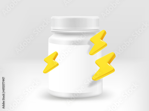 White plastic jar with tabs and with thunderbolts. 3d vector illustration