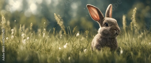 Adorable rabbit sitting on grass with natural bokeh in backdrop. Cute baby photo