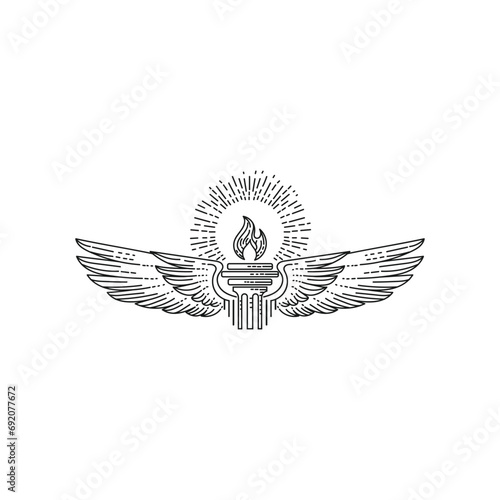 Vintage Retro Hand Drawn Burning Torch Fire Flame with Pillar column and Wings Illustration