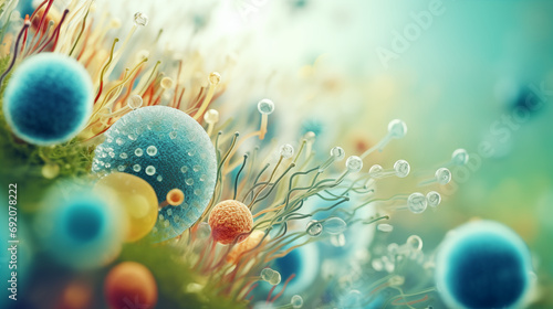 A magnified view of saliva showing various microorganisms, Micro-world, Molecular Biology, blurred background, with copy space photo