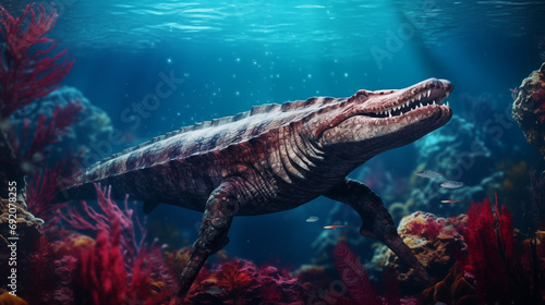 An underwater scene featuring a Mosasaurus hunting among prehistoric corals, Evolution, Paleontology, blurred background, with copy space