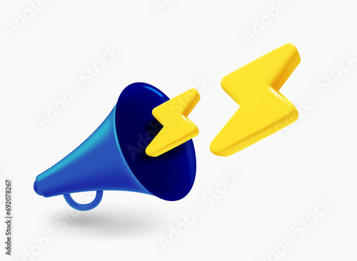 Loudspeaker with thunderbolts. Announcement concept. 3d vector illustration