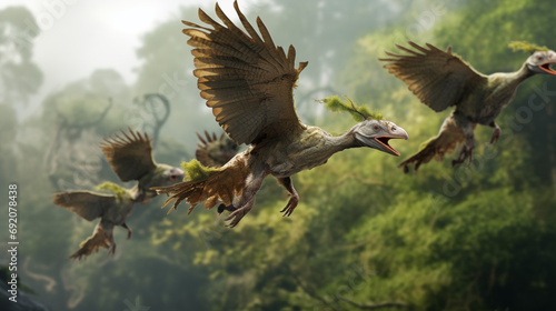 A flock of Archaeopteryx taking flight from a treetop, Evolution, Paleontology, blurred background, with copy space photo