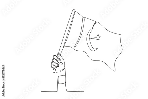 A hand-held high the flag. Pakistan Day one-line drawing