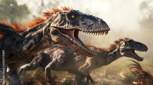 A group of Deinonychus hunting in a cooperative pack  Evolution  Paleontology  blurred background  with copy space