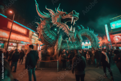 towering green dragon winds through a crowd celebrating the Chinese New Year, under illuminated lanterns © gankevstock
