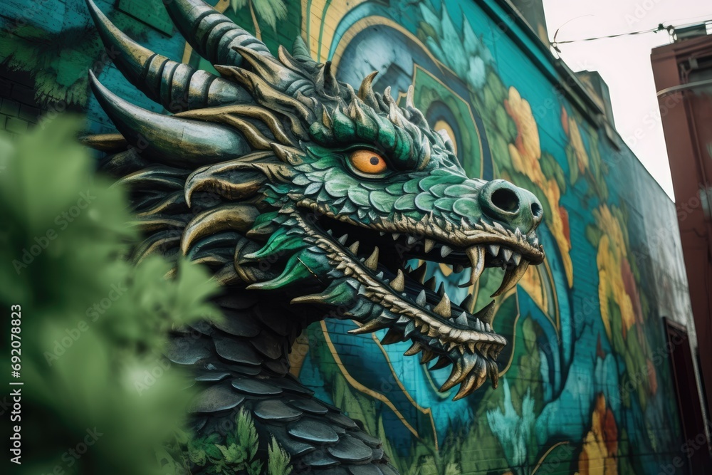 green dragon mural stands out on a city wall, its golden eyes surveying the streets green dragon mural stands out on a city wall, its golden eyes surveying the streets