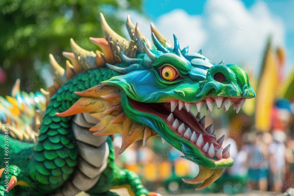 closeup vibrant green dragon, symbolizing the New Year in the Chinese calendar, amidst a festival setting closeup vibrant green dragon, symbolizing the New Year in the Chinese calendar, amidst a festival setting