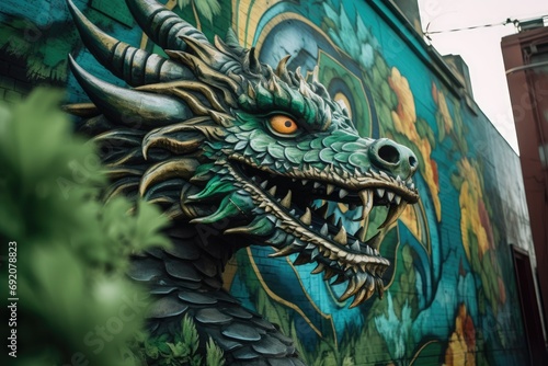 green dragon mural stands out on a city wall, its golden eyes surveying the streets © gankevstock