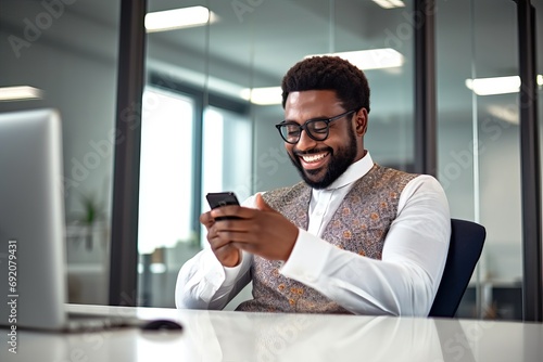 Happy busy business man executive using mobile phone working in office. Professional businessman employee looking at smartphone checking banking apps typing on cell sitting at workplace desk.