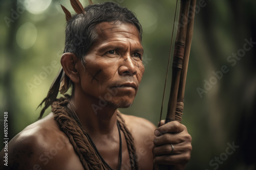 Generative AI image of Indigenous amazon man with a spear in nature photo