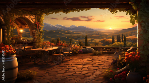 a sunset viewed from a stone patio adorned with flowers  overlooking rolling hills and distant mountains. The setting suggests a tranquil outdoor dining area  possibly in a wine country.