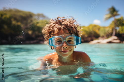 Generative AI depiction of a joyful boy snorkeling in clear water photo