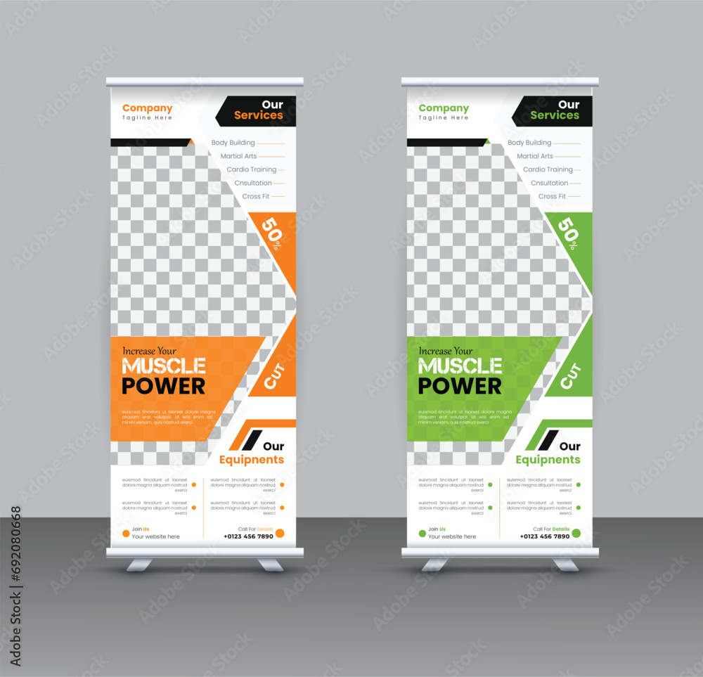 Creative clean and corporate Business roll up banner template design, fitness roll up banner stand vector minimal design, Poster for conference, shop, Modern Exhibition Advertising vector eps cc