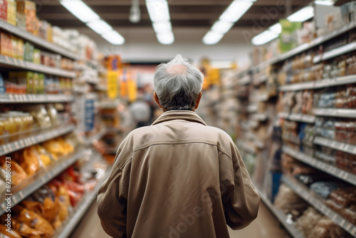 Back view of elderly man instanding in supermarket aisles