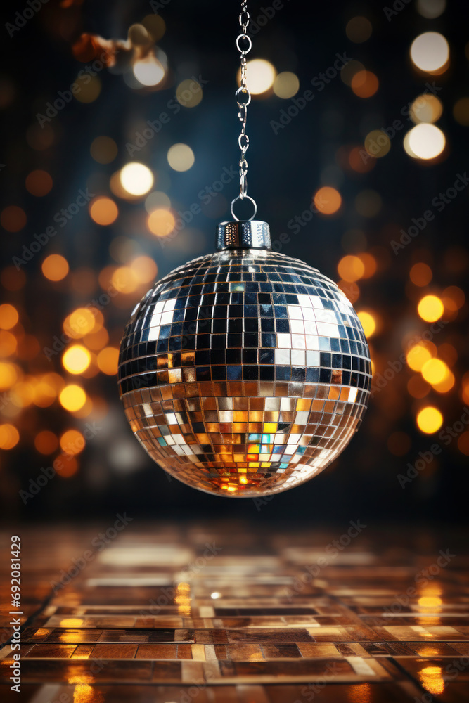 Obraz premium golden disco ball shines and glows. party and celebration in the club. lights and bokeh on the background.