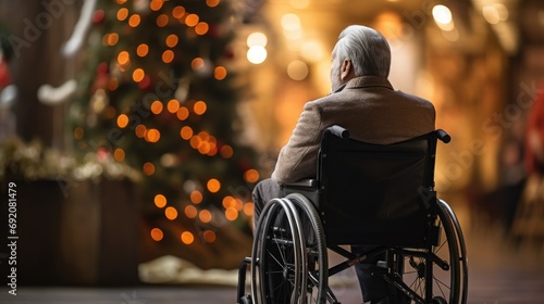 man in a wheelchair near the Christmas tree. New Year\'s gift and lights. health and care for disabled people.