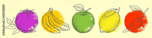 Multi-colored bright vegetables and fruits. Drawing Apple, lemon, banana, pepper . Vegan food.Vector illustration.
