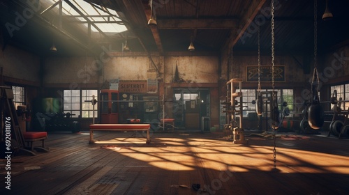 An atmospheric old gym with a patina of age, featuring a heavyweight boxing bag and retro fitness equipment. photo