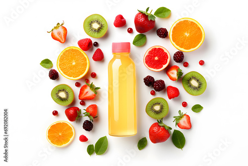 Bottle with multi vitamin fruit juice surrounded by ingredients on white background.