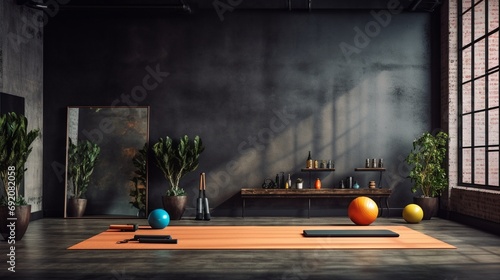An elegant gym studio with a yoga mat set amidst calming props, framed by a large black wall for textual content.
