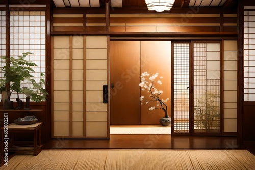 A traditional Japanese sliding door, or "fusuma," showcasing the delicate beauty of Eastern design and craftsmanship.