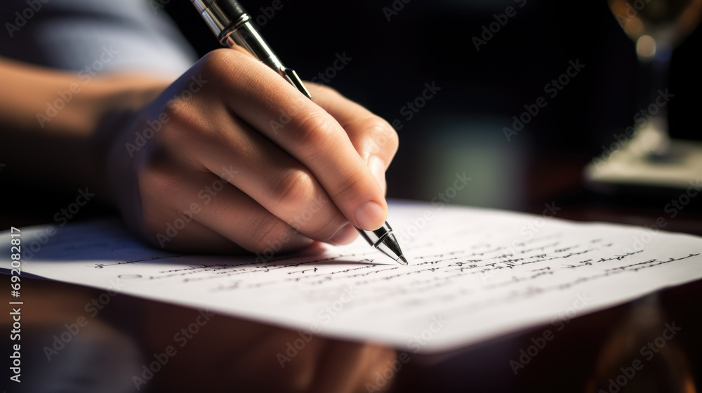 Close-up of a person's hand holding a ballpoint pen and writing on a white paper with visible text. - obrazy, fototapety, plakaty 
