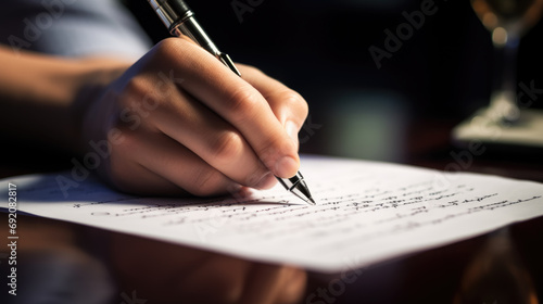 Close-up of a person's hand holding a ballpoint pen and writing on a white paper with visible text. photo