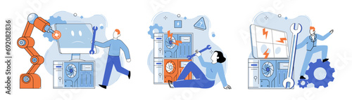 Technical support. Vector illustration. A technical specialist possesses in-depth knowledge and expertise in specific area Professionals in field technology employ various techniques to solve complex