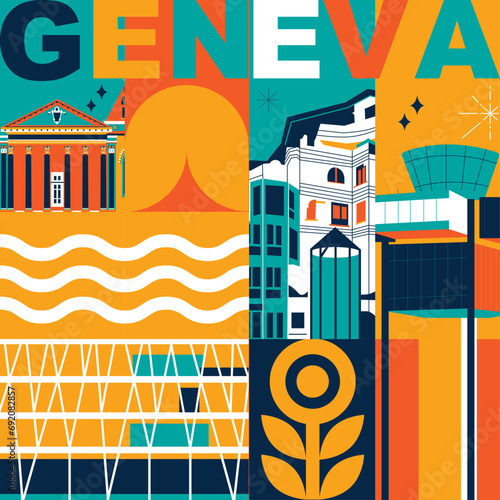 Typography word "Geneva" branding technology concept. Collection of flat vector web icons. Culture travel set, famous architectures, specialties detailed silhouette. Switzerland famous landmark