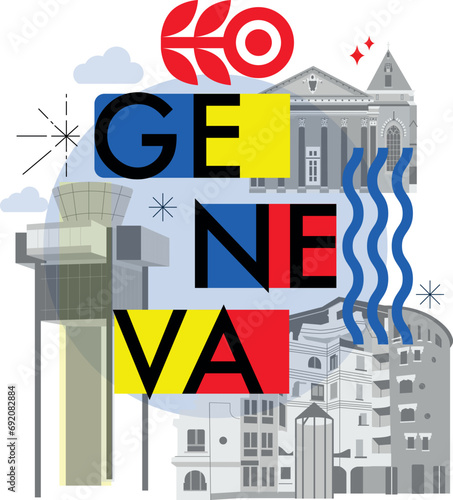 Typography word "Geneva" branding technology concept. Collection of flat vector web icons. Culture travel set, famous architectures, specialties detailed silhouette. Switzerland famous landmark