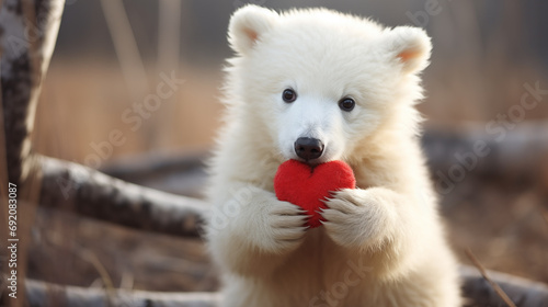 A white bear holds a red heart for Valentine's Day. © Анастасия Козырева