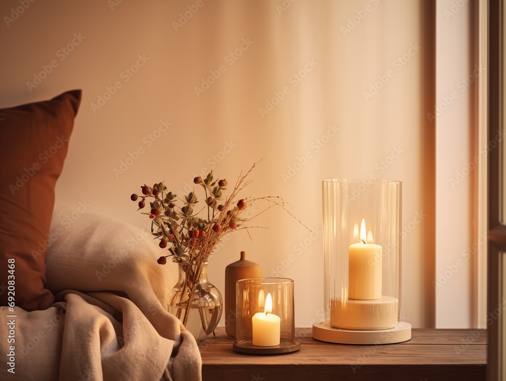 Beige and brown home interior decor, winter seasonal cozy apartment decoration with burning candles and empty wall, copy space - obrazy, fototapety, plakaty 