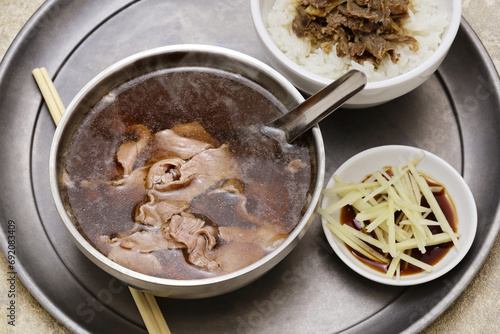 Beef soup is often eaten as breakfast in Tainan. Taiwanese food. photo