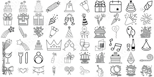 Party celebration thin line icons set. Birthday, holidays, event, carnival festive. Basic party elements icons collection.Party line icons. Editable stroke. 