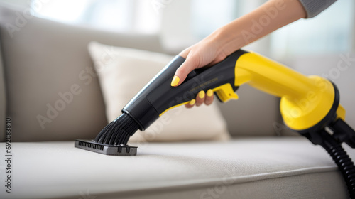 Close-up of a person's hand holding a yellow handheld vacuum cleaner while cleaning a gray fabric sofa.